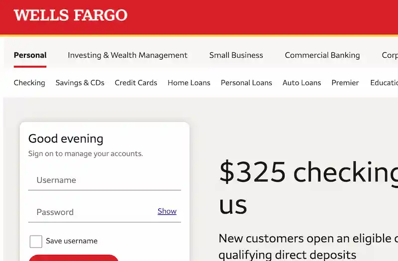 Screenshot of Wells Fargo